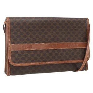 Authentic CELINE Macadam Canvas Shoulder Bag PVC Leather Brown Gold